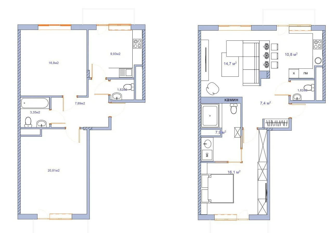 Планировка 2х комнатной квартиры 58 кв.м